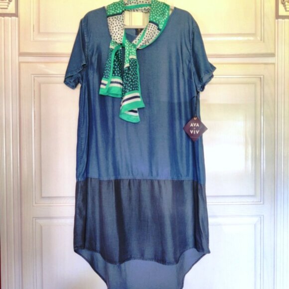 Ava-Viv Chmbry Denim Clr Blck Short Sleeve High Low Midi Dress w/Scarf SZ 1X NWT - Picture 1 of 10